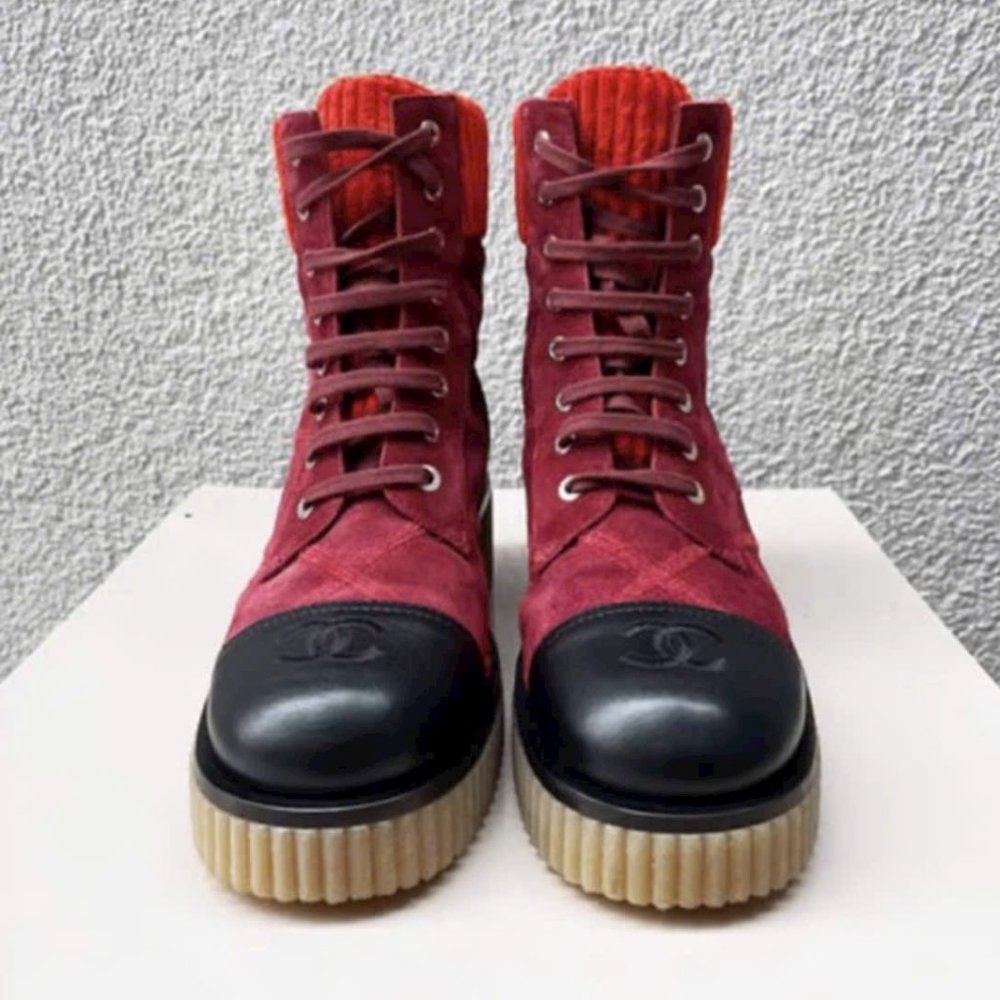 Chanel Suede Calfskin Velvet Quilted CC Combat Boots
